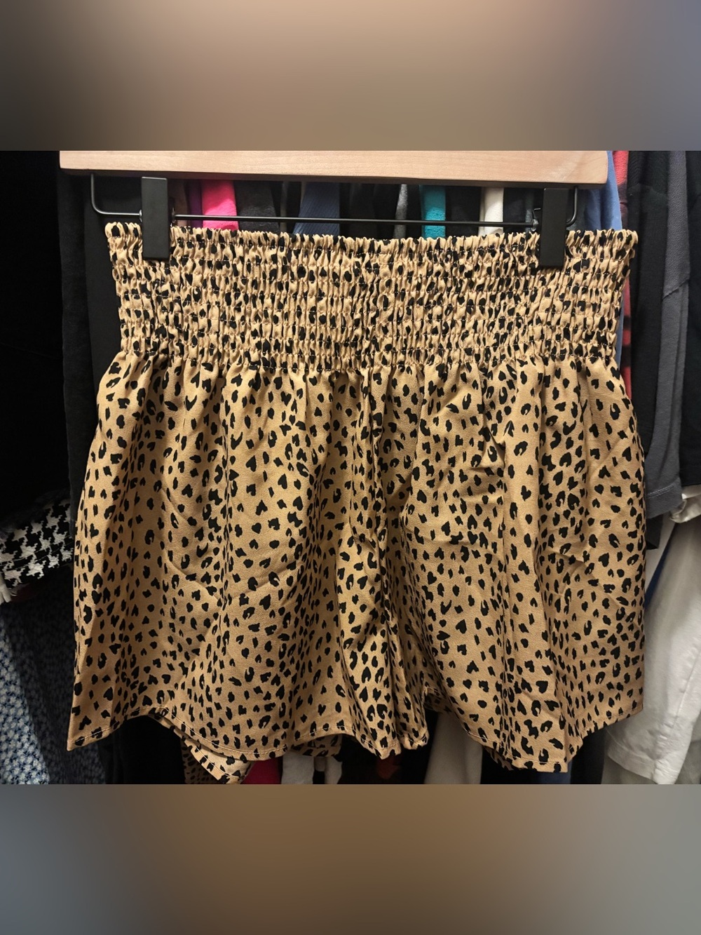 SHEIN Tan and Black Smocked Leopard Mini Shorts